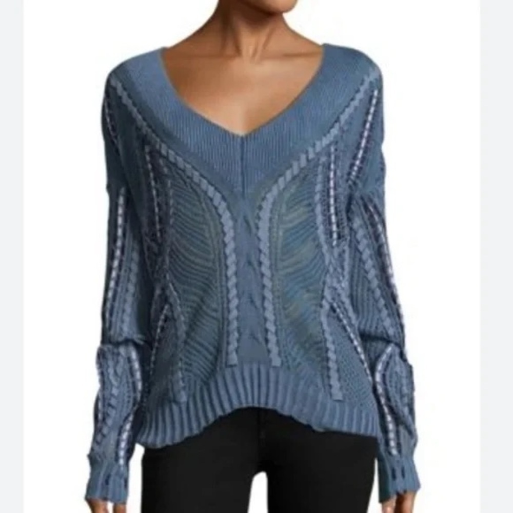 Rag & Bone Lucie Blue Open-Knit V-Neck Sweater Sheer Modern Luxe Size Large L